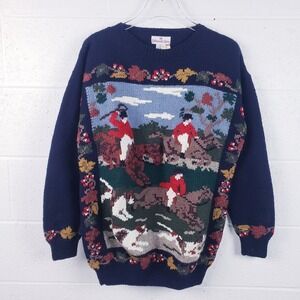 Redwood & Ross Sweater Navy Blue Fox Hunt Scene Intarsia Hand Knit‎ Wool Medium